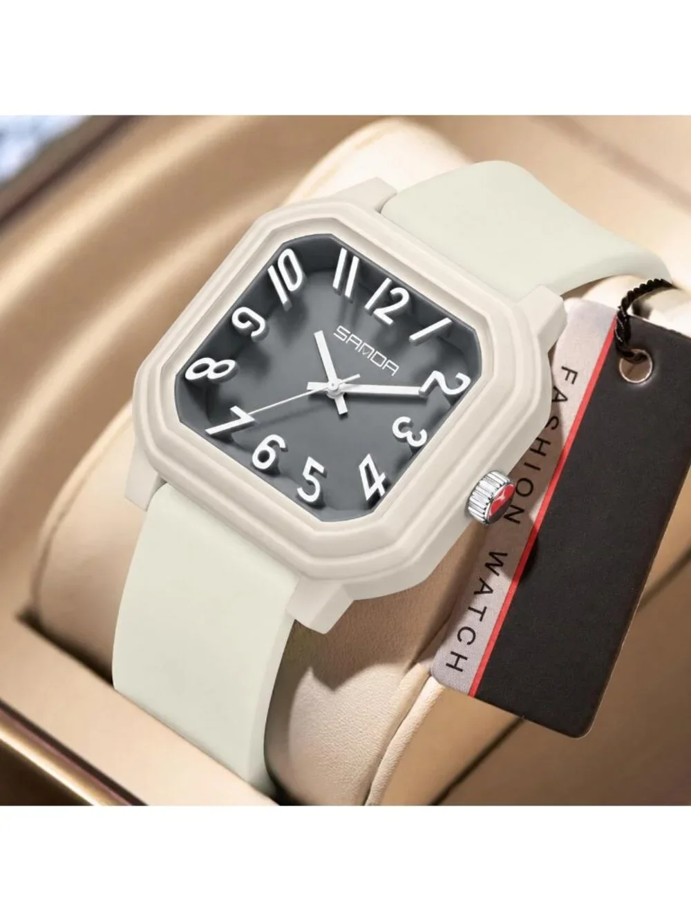 Women’s Khaki Big Arabic Numbers Silicone Strap Casual Analog Square Wrist Watch